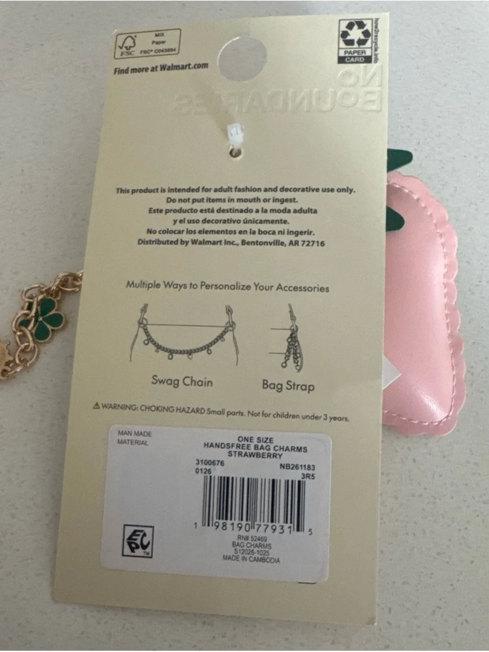 No Boundaries Pink Strawberry Key & Card Holder Charm with Gold Accents